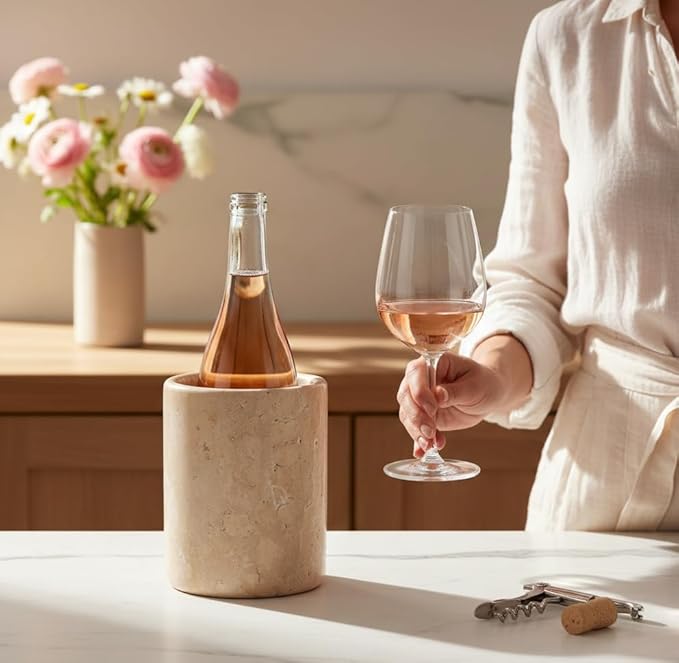 Marble Wine Chiller Handmade 6.5'' Travertine Champagne Chiller for Party - 750ml Wine Bottle Cooler for Kitchen, Bar Cart Decor to Chill & Keep Bottles Cold with Unique Wine Lovers Gift