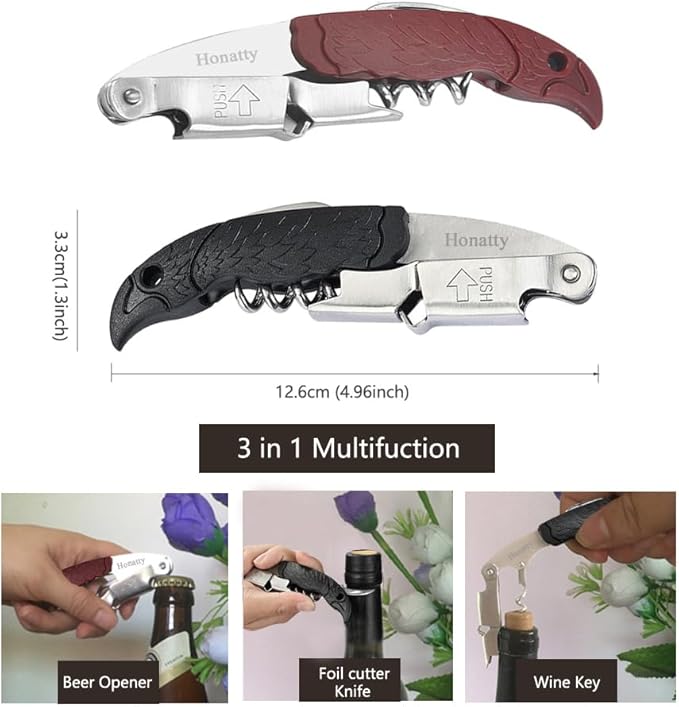 Waiter Corkscrew Wine Opener Manual | 2 Pack Professional Honatty 3-in-1 Heavy Duty Double Hinged Wine Key with Foil Cutter & Beer Bottle Opener for Servers, Bartenders & Home Use