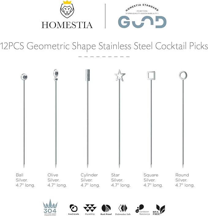 Homestia Geometric Cocktail Picks, 12PCS Stainless Steel Modern Martini Picks 4.3 Inch, Assorted Shapes Drink Skewers for Cocktails, Olives, Appetizers, Bar Accessories
