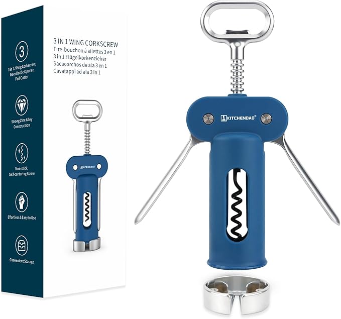 KITCHENDAO Luxury 3 in 1 Wine Opener with Foil Cutter, Beer Bottle Opener, Sturdy Zinc Alloy Wing Corkscrew with Self-centering Non-stick Sharp Screw, Easy to Remove Cork, Manual Corkscrew (Blue)