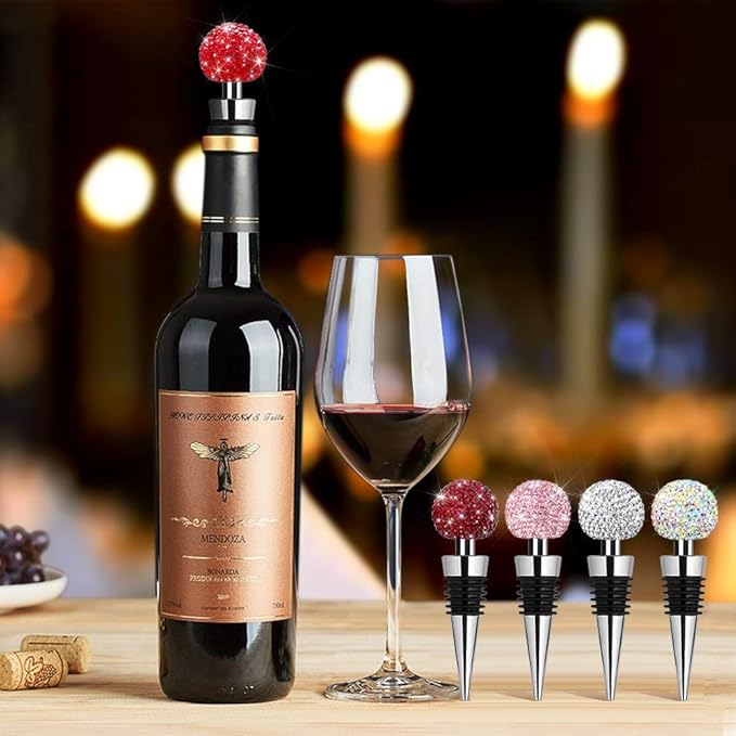 Soleebee Bling Decorative Wine Stoppers,Wine Bottle Stopper with Crystal Rhinestone, Beverage Bottle Stoppers for Gifts, Bar, Holiday Party, Wedding (Red)