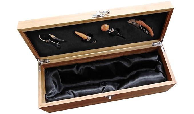 CASE ELEGANCE Premium Monogrammed Bamboo Wine Box Gift Set with Accessories - Luxury Single Bottle Wine Gift Box with Wine Opener, Bottle Opener & Wine Accessories, Wedding Gift Case with Tools