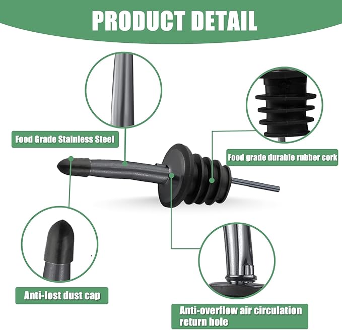 WAFJAMF 6 Pcs Liquor Pour Spouts Set, Stainless Steel Liquor Bottle Pourers with Rubber Dust Caps, for Pours Liquid, Olive Oil, Wine, Vinegar（Black）