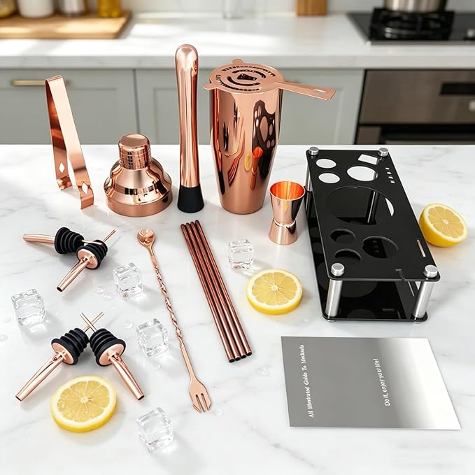 14-Piece Cocktail Shaker Set with Stand, Bartender Kit, 25oz Shakers, Bar Set Cocktail Shaker Set, Jigger for Bartending Kit, Drink Mixer Set, Cocktail Set Recipes Booklet Home, Bar, Party (Rose Gold)