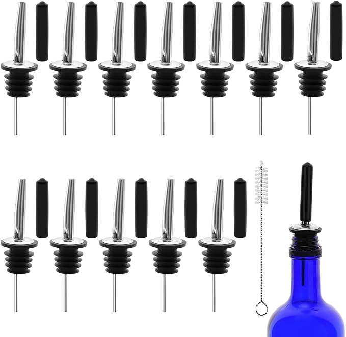 12 PCS Bottle Pourers And 12 PCS Lengthen rubber Pour Spouts for Bottles, Liquor Bottle Pourers for Alcohol, Olive Oil, Liquor Pourers with Dust Caps, Speed Pourers (12pc Pourers +12pc rubber)