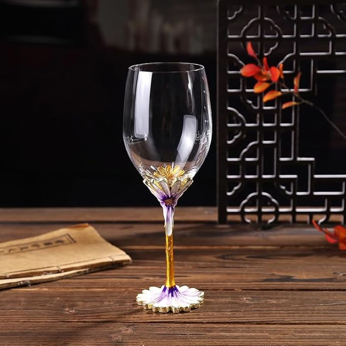 Simcat Handmade Painted Enamel Flower Glass Wine Glasses Transparent Refined Goblet, Stem For Cabernet, Gifts (purple double gift box,small flower)