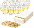 Plastic Wine Glasses Stemless Disposable 12 oz with Gold Rim - 30 Guests Party Drinkware Set, 30 Plastic Cups, 30 Napkins & 50 Cocktail Picks - BPA-Free, Shatterproof, Reusable, Recyclable