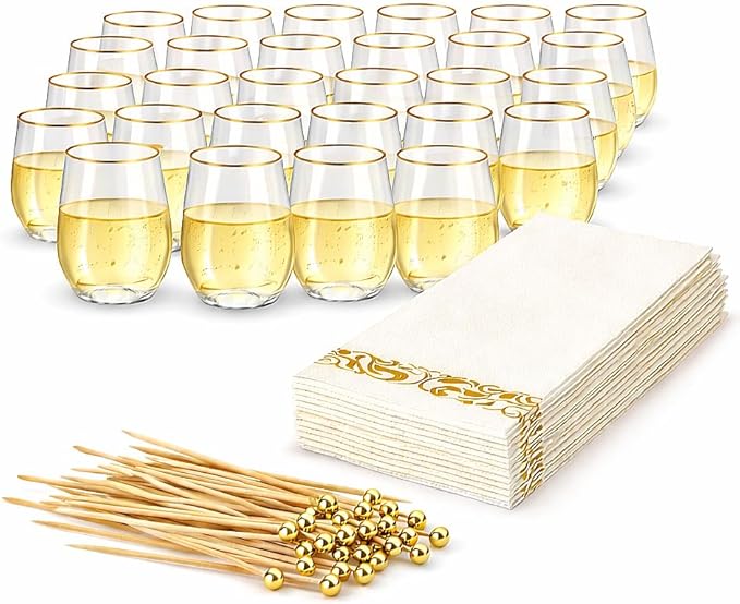 Plastic Wine Glasses Stemless Disposable 12 oz with Gold Rim - 30 Guests Party Drinkware Set, 30 Plastic Cups, 30 Napkins & 50 Cocktail Picks - BPA-Free, Shatterproof, Reusable, Recyclable