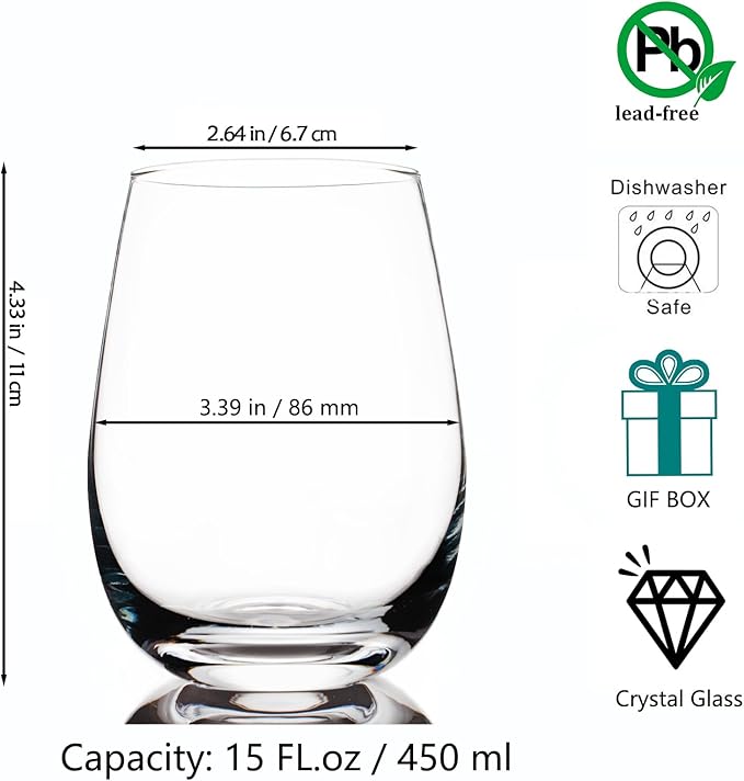 Cystone Premium Crystal Stemless Wine Glasses Set of 6, 15oz Lead-Free Red or White Wine Glass, Water Juice Glasses, All-Purpose Beverage Cups, Clear Drinking Tumblers in Gift Box, Dishwasher Safe