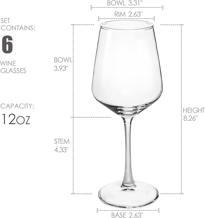 Wine Glasses set of 6, 12 oz Durable Red White Wine Glasses for Wedding, Party, Dishwasher Safe