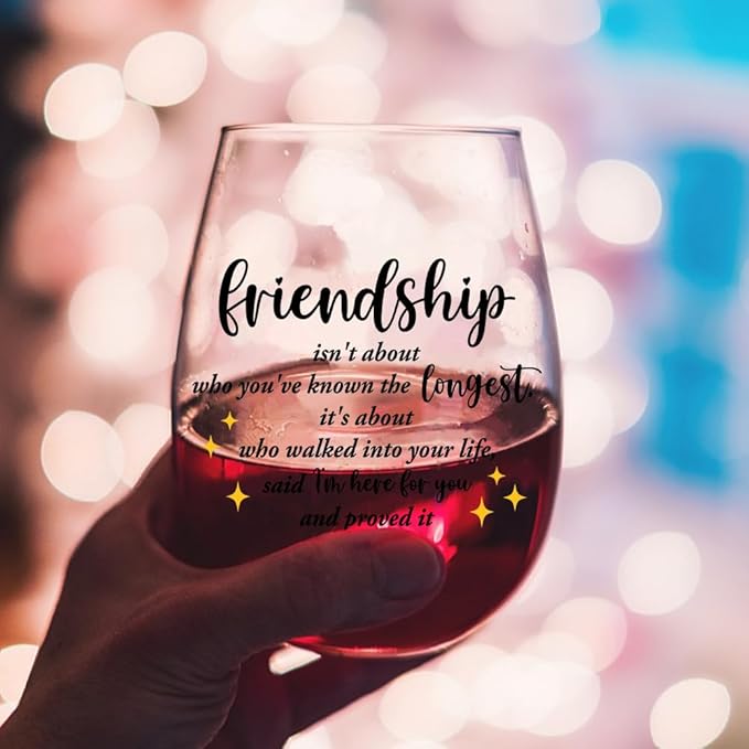 DYJYBMY Friendship Isn't About Who You've Known The Longest Stemless Wine Glass With Gifts Box, Friendship Wine Tumbler, Housewarming Parting Gifts For Long Distance Friend Confidant Bestie