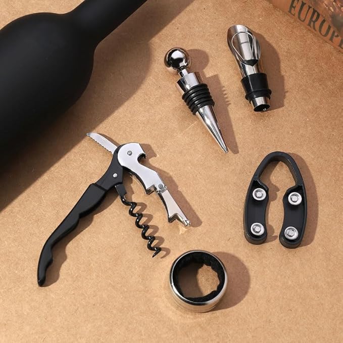 Wine Opener Gift Set - Wine Bottle Accessory Kit Corkscrew Opener, Stopper, Pourer, Foil Cutter, Glass Marker, Great Valentine's Gifts,Father gift,Mother gift
