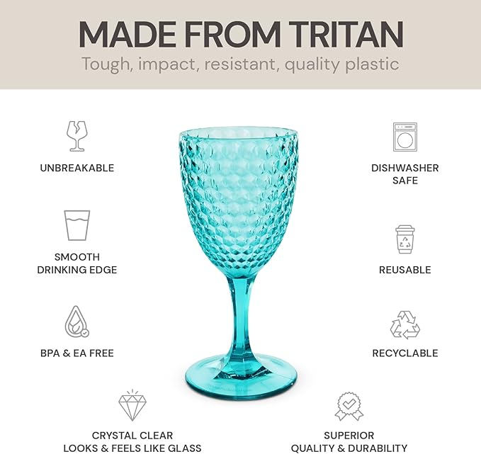 BELLAFORTE - Shatterproof Tritan Plastic Wine Glass, 12oz, set of 4, Laguna Beach Drinking Glasses - Unbreakable Glassware for Indoor and Outdoor Use - Reusable Drinkware (Blue)