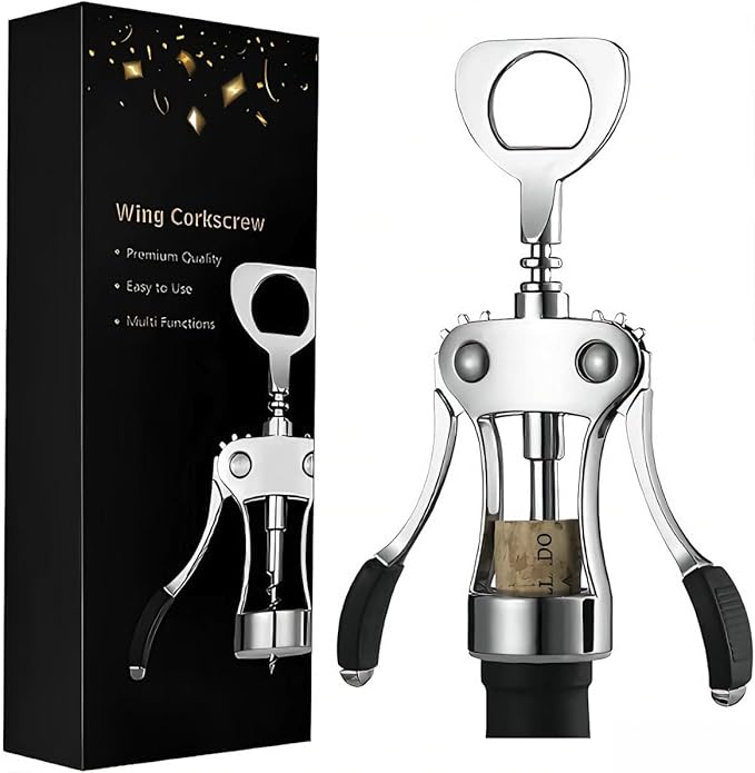 Wine Opener Zinc Alloy Wing Corkscrew, Multifunctional Wine Bottle Opener with Built-In Beer Bottle Opener, Sharp Worm Tip with Ergonomic Non-Slip Wing Handle for Home Bar Restaurant, Silver