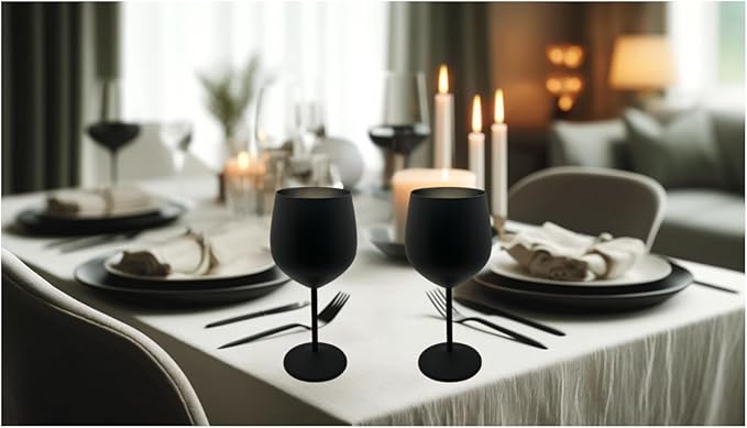 K&K Home Black Matte Stainless Steel Unbreakable Black Wine Glasses - 18 oz - Set of 4 Colored, Stemmed Metal Wine Glasses Perfect for Outdoors, Weddings, and Parties