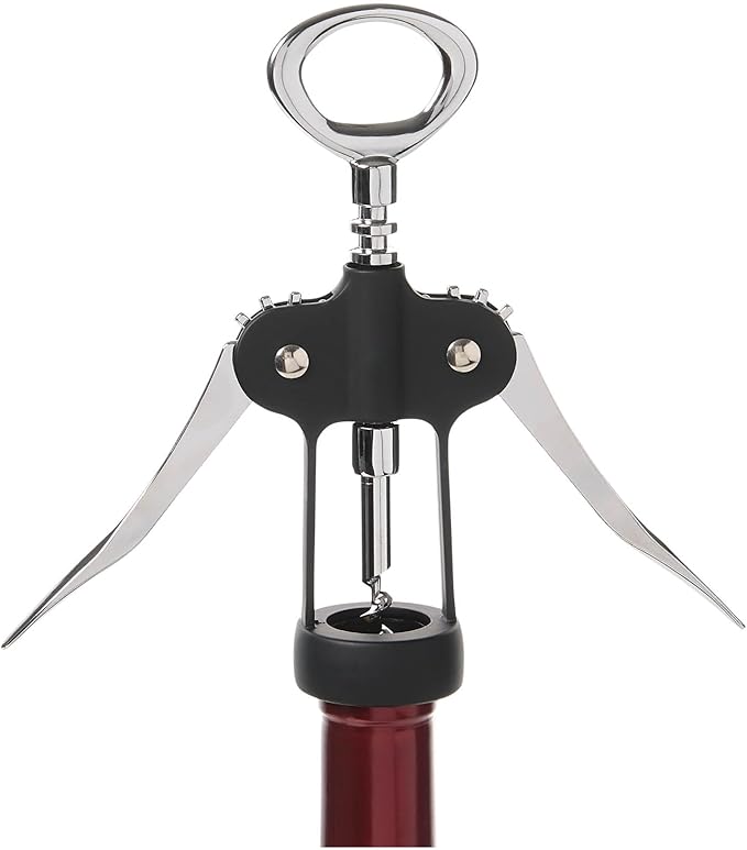HIC Kitchen Bar Soft-Touch Winged Corkscrew, Easy Removal For Natural And Synthetic Corks, Built-In Bottle Opener, Wine Accessory