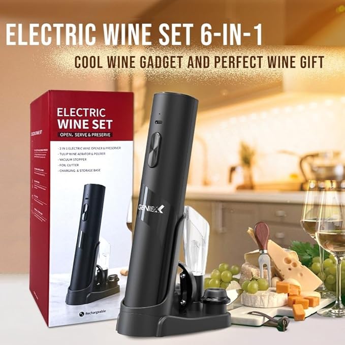 6‑in‑1 Electric Wine Opener with Charging Base — Auto Corkscrew Bottom + Automatic Wine Saver Top | Perfect Wine Gift & Ideal Father’s Day Gifts
