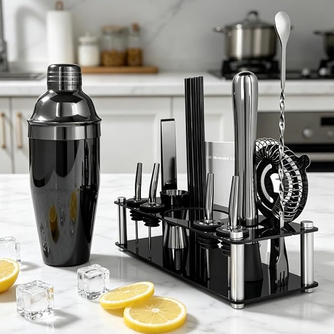 14-Piece Cocktail Shaker Set with Stand, Bartender Kit, 25oz Shakers, Bar Set Cocktail Shaker Set, Jigger for Bartending Kit, Drink Mixer Set, Cocktail Set Recipes Booklet Home, Bar, Party (Black)