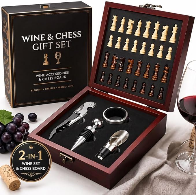 Wine Gift Set with Chess Board – Wine Accessories Kit for Men & Women, Corkscrew, Stopper & Pourer Included, Unique Gift for Wine Lovers, Birthday, Anniversary, Housewarming