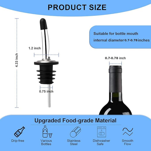 2PCS Stainless Steel Pourers, Speed Wine Bottle Pourer, Olive Oil and Vinegar Tapered Stopper Spout, Liquor Pourers with Rubber Dust Caps for Alcohol, Olive Oil,Bartender Accessories with 2 Adapters