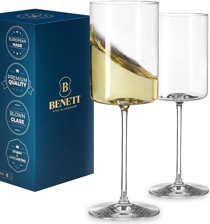 BENETI Superlative Edge Wine Glasses Square [Set of 2] White & Red Wine Goblets, Premium Clear Glass Bordeaux Wine Glasses Large Bowl Stemware Wine Blown Glasses Nice Packaging [14 Ounce]