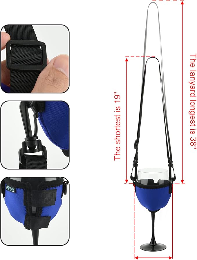 Beautyflier Assorted Colors Wine Glass Insulator / Drink Holder / Neoprene Sleeve with Adjustable Neck Strap For Conference Cocktail Reception (Blue)