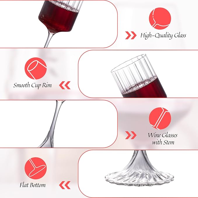 KAMMAK Wine Glasses Set of 2, 13.53 oz Hand Blown Bordeaux Wine Glasses, Thin Rim & Long Stem, Perfect for Red & White, Daily Use, Wedding or Birthday Gift with Gift Box, Fully Clear Wide Rib