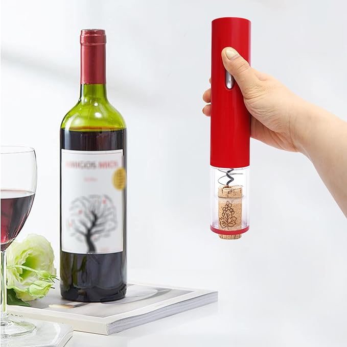 Electric Wine Opener, Battery Operated Automatic Wine Bottle Opener with Foil Cutter, One‑Key Corkscrew Remover for Home Kitchen Party, Red