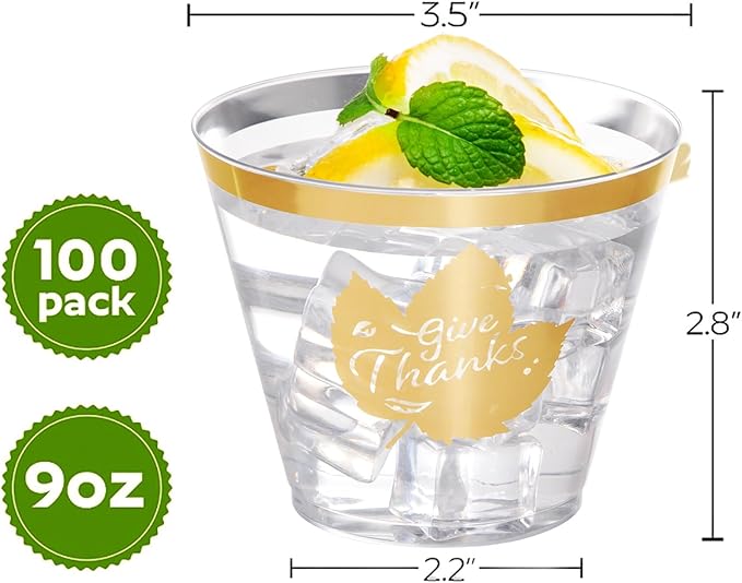 DaYammi 60Pcs Thanksgiving Gold Plastic Cups 9 Oz Gold Rimmed Clear plastic Cups gold Thanksgiving Disposable Party Cups Plastic Drinking Cup Cocktail Glasses Disposable Wine Glasses