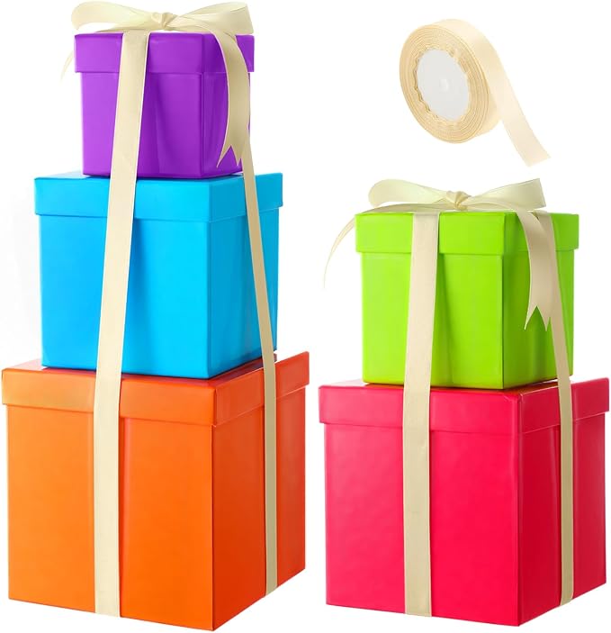 Cholemy 5 Pcs Square Nesting Boxes Decorative Gift Boxes with Lid and Ribbon Assorted Sizes Wrap for Wedding, Carnival, Anniversary, Birthday, Bridal Shower Party Gifts(Multicolor)