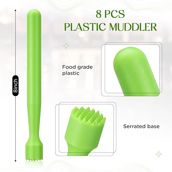 Baderke 8 Pcs Muddler for Cocktails Plastic Bar Muddler Bulk 8 Inch Bar Accessories Tools Set for Home Ice Crusher Bartender Accessories Mojito Fruit Drink (Classic,Lime Green)