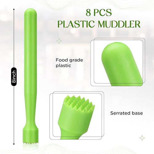 Baderke 8 Pcs Muddler for Cocktails Plastic Bar Muddler Bulk 8 Inch Bar Accessories Tools Set for Home Ice Crusher Bartender Accessories Mojito Fruit Drink (Classic,Lime Green)