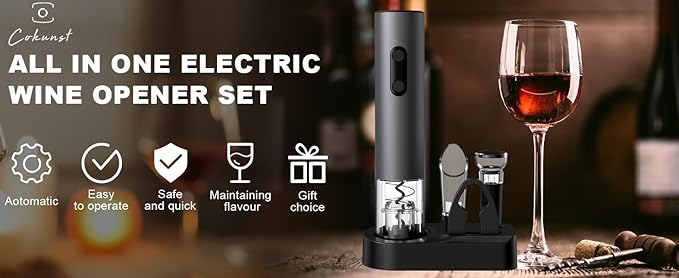 Electric Wine Opener Set, Battery Powered Wine Bottle Opener with Foil Cutter, Vacuum Stopper, Wine Pourer & Storage Base, Automatic Corkscrew Kit for Wine Lovers, Gift for Men Women (Black)