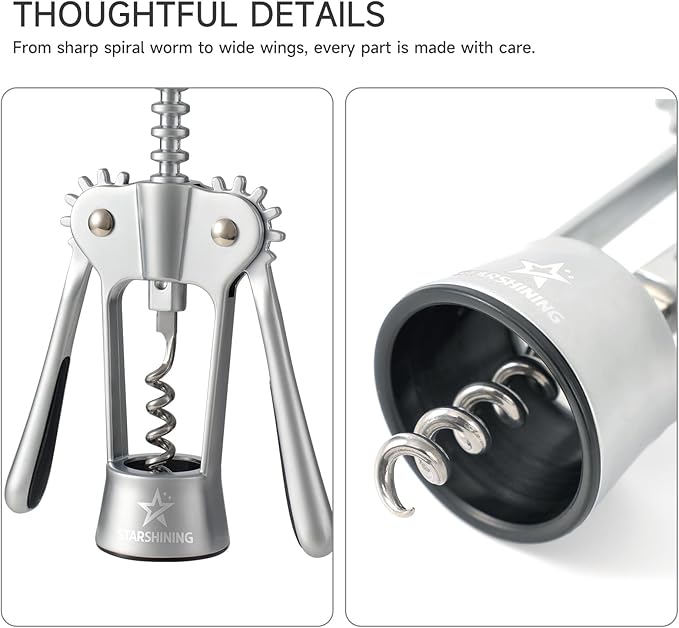 Wine Opener,Heavy-Duty Zinc Alloy Wing Corkscrew Wine Bottle Opener with Sharp Spiral Screw,Round Handles,Matte Silver