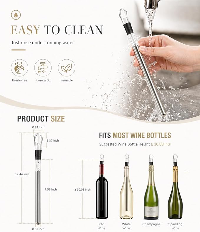 Wine Chiller, 3-in-1 Stainless Steel Wine Bottle Cooler Stick - Rapid Iceless Wine Chilling Rod with Aerator and Pourer - The Best Wine Accessories Gift
