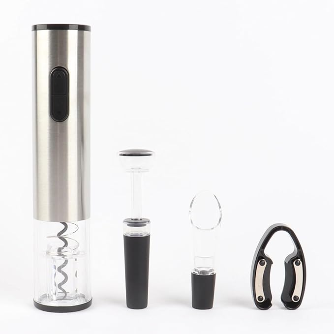 CHUANYU Electric Wine Opener, 5 in 1 Automatic Electric Wine Bottle Corkscrew Opener with Foil Cutter, Rechargeable (Stainless Steel) (Silver)