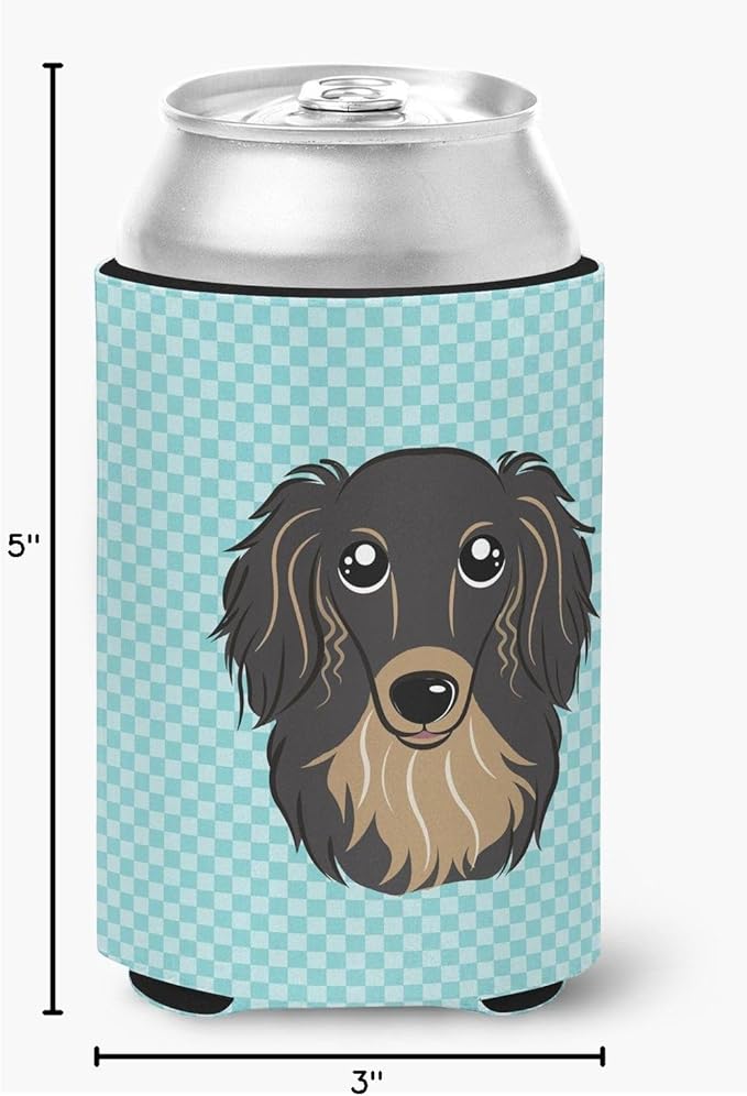 Caroline's Treasures BB1151CC Checkerboard Blue Longhair Black and Tan Dachshund Can or Bottle Hugger Cooler Washable Drink Sleeve Collapsible Beverage Insulated Holder, Can Hugger, Multicolor