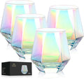 Stemless Wine Glasses Set of 4, Modern Rainbow Diamond Wine Glass, Lead-Free Premium Crystal Iridescent Wine Glasses Set for Daily Use Wedding Anniversary or Birthday Gift