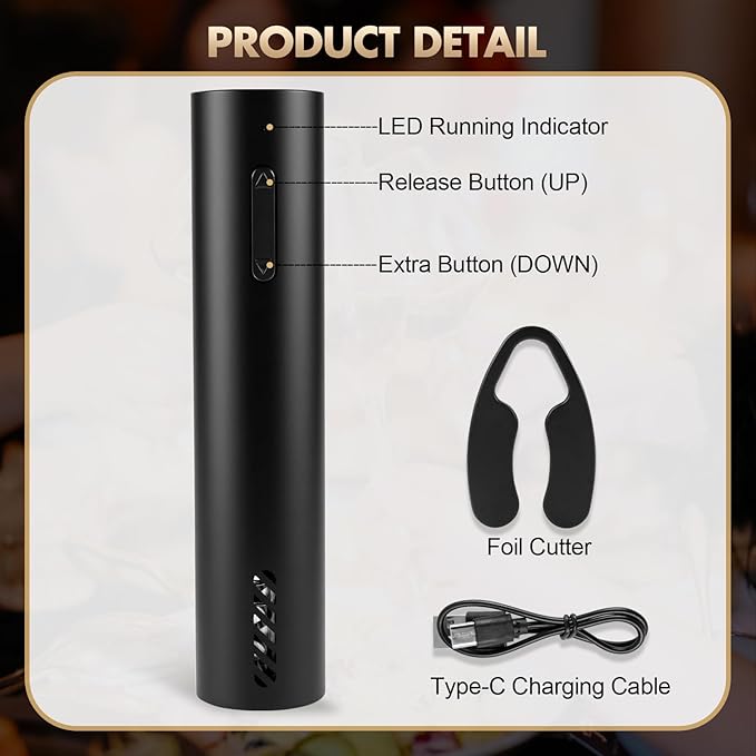 Electric Wine Opener, Rechargeable Battery Operated Wine Bottle Opener with Foil Cutter, One-click Corkscrew Remover for Home, Kitchen, Party, Wedding - Black