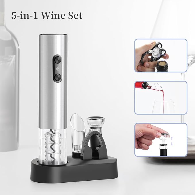 Battery Operated Wine Opener Set by ELMWAY, Stainless Steel Electric Corkscrew with Storage Base, Foil Cutter, Wine Aerator Pourer, Vacuum Stopper, LED Indicator (4 x AA Not Included)