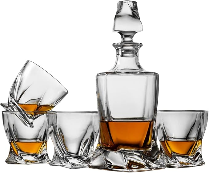 Whiskey Gifts for Men, Whiskey Decanter Set with 4 Glasses in Gift Box by Verolux | Elegant Twisted Design with Glass Stopper - Liquor, Bourbon, Brandy, Gin, Rum, Tequila, Vodka, Cognac