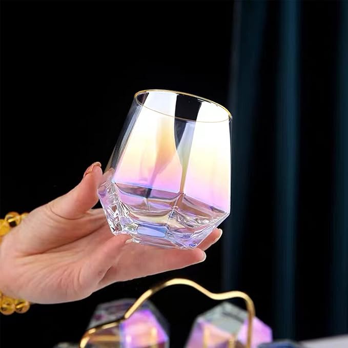 XKXKKE Diamond Wine Glasses Set of 4, 10 OZ Modern Stemless Gold Rim Glass Cups Iridescent Drinking Glassware for Serving Party, Home, Bar, Restaurants, Gift, Rainbow Tumbler, Colorful 4 Pack