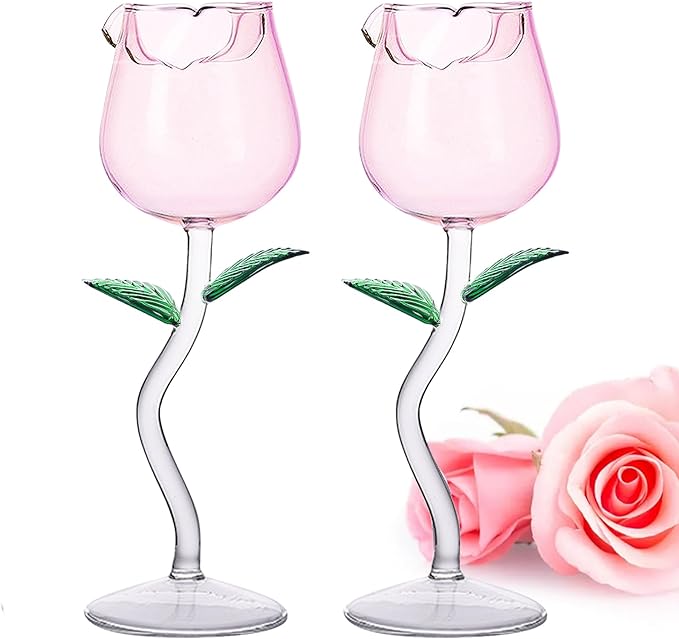 Rose Wine Glasses Set of 2 Creative Wine Goblet Champagne Flutes Classy Red Wine Glass, Ideal Gifts for Housewarming, Wedding, Birthday Celebrations