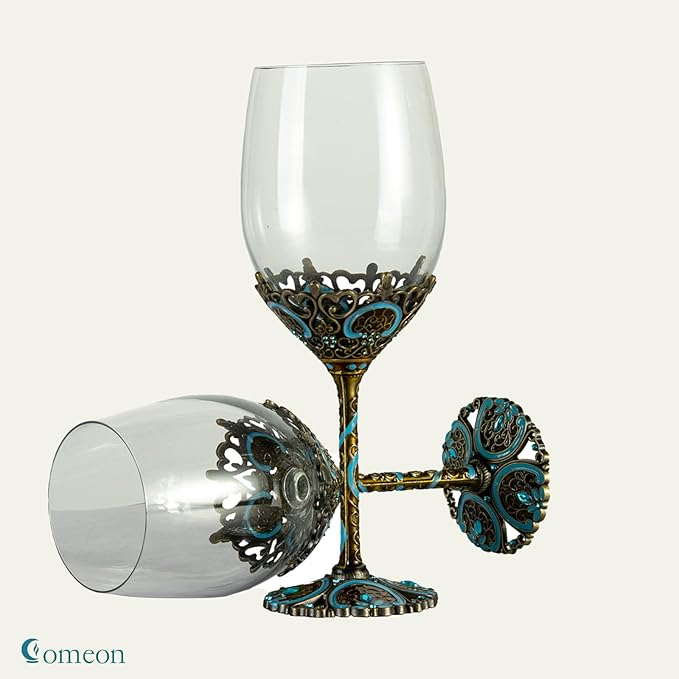Comeon Wine Glasses Clear Handcrafted Champagne Glasses Red Wine Glasses Set of 2 Enamel Floral Goblets (Blue)