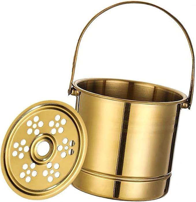 1L Ice Bucket, Metal Double Wall Ice Bucket with Filter Plate and Carrying Handle Stainless Steel Insulated Ice Bucket Golden for Cocktail Bar Wine Parties Champagne Bucket(14x13.8x12.5cm)