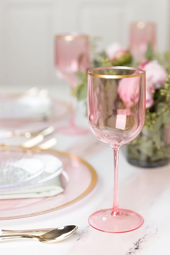 Pink Wine Cup with Gold rim Plastic Wine Glasses Set of 5 Elegant Wine Goblets Hard Plastic Wine Cups on Stem 12 Ounce