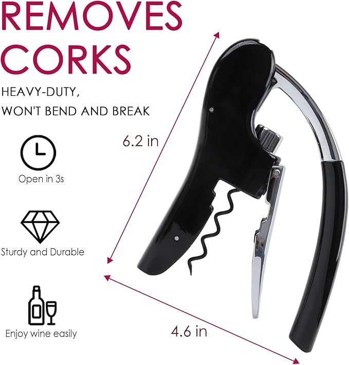 KAYCROWN Stainless Steel Wine Bottle Opener, Compact Vertical Lever Corkscrew with Foil Cutter and Extra Spiral, Manual Handheld Corkscrew with Ergonomic Lever Pump (Black)