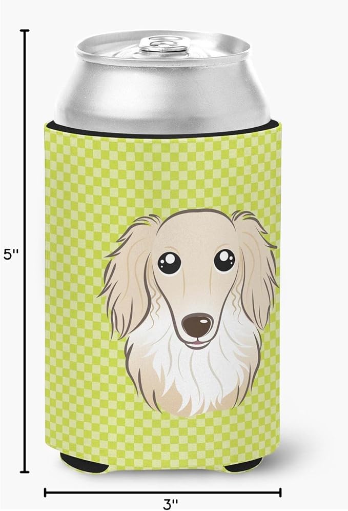 Caroline's Treasures BB1274CC Checkerboard Lime Green Longhair Creme Dachshund Can or Bottle Hugger Cooler Washable Drink Sleeve Collapsible Beverage Insulated Holder, Can Hugger, Multicolor