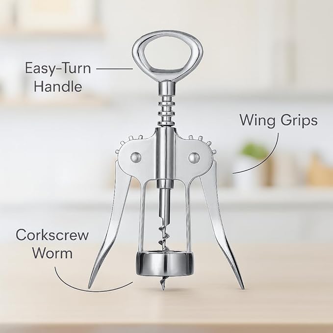 HIC Kitchen Bar Classic Winged Corkscrew, Easy Removal For Natural And Synthetic Corks, Built-In Bottle Opener, Wine Accessory