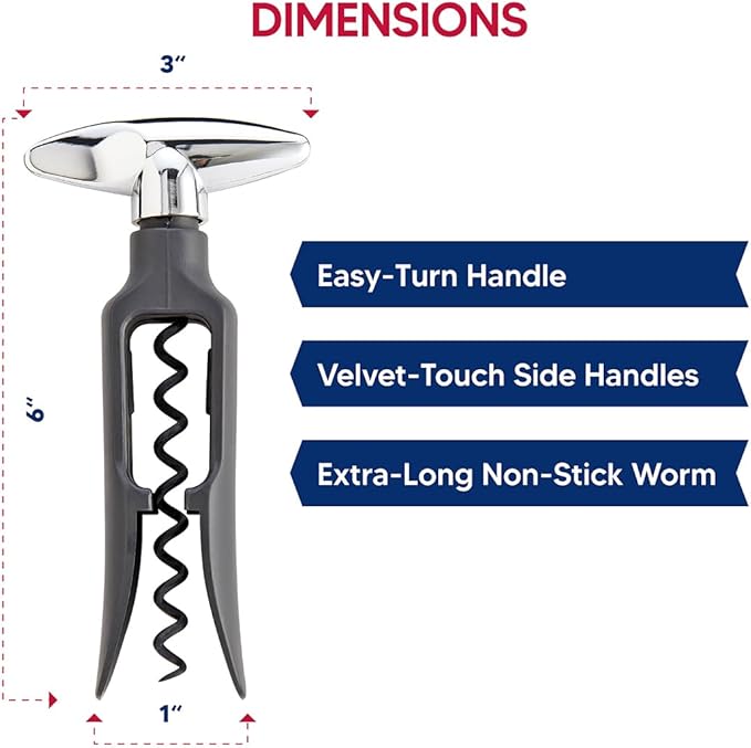 HIC Kitchen Bar Soft-Touch Winged Corkscrew, Easy Removal For Natural And Synthetic Corks, Extra-Long Worm, Built-In Bottle Opener, Wine Accessory